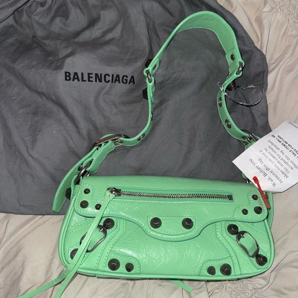 Balenciaga Mint Green Leather Shoulder Bag with Silver Studs
